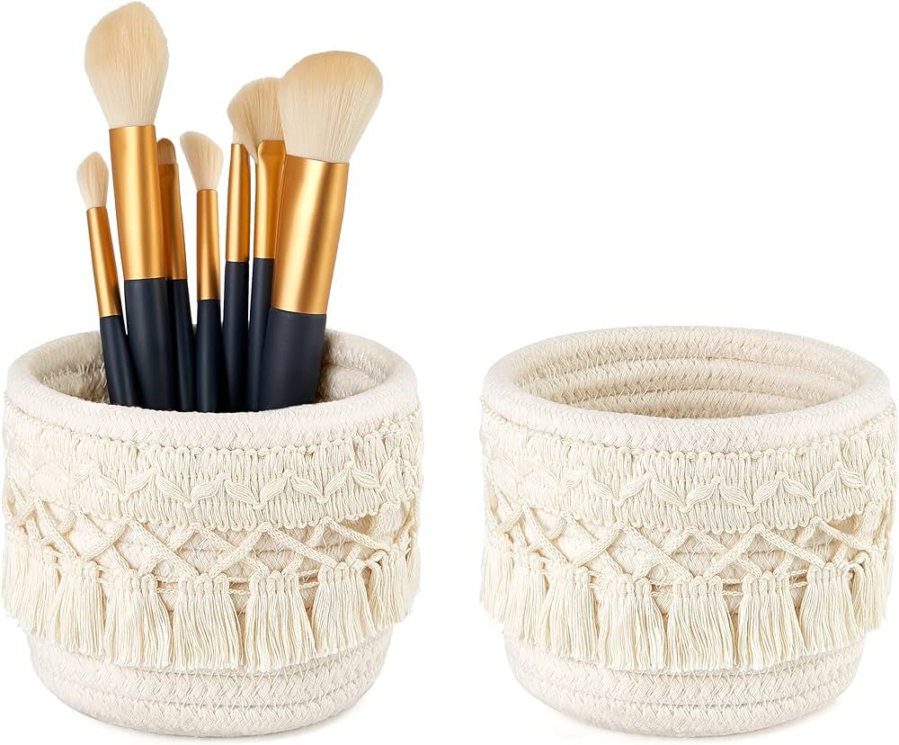 Mkono Macrame Makeup Brush Holder Organizer Comb Brushes Mini Storage Basket Set of 2 Boho Decor ... | Amazon (US)