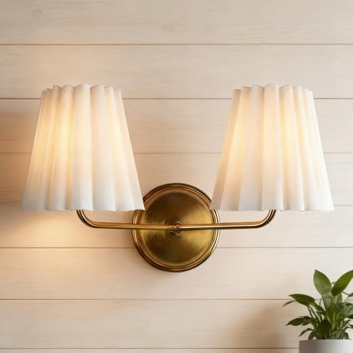 Midcentury Modern Brushed Brass Double Sconce with Conical Ivory Linen, Traditional Nordic Pleate... | Amazon (US)