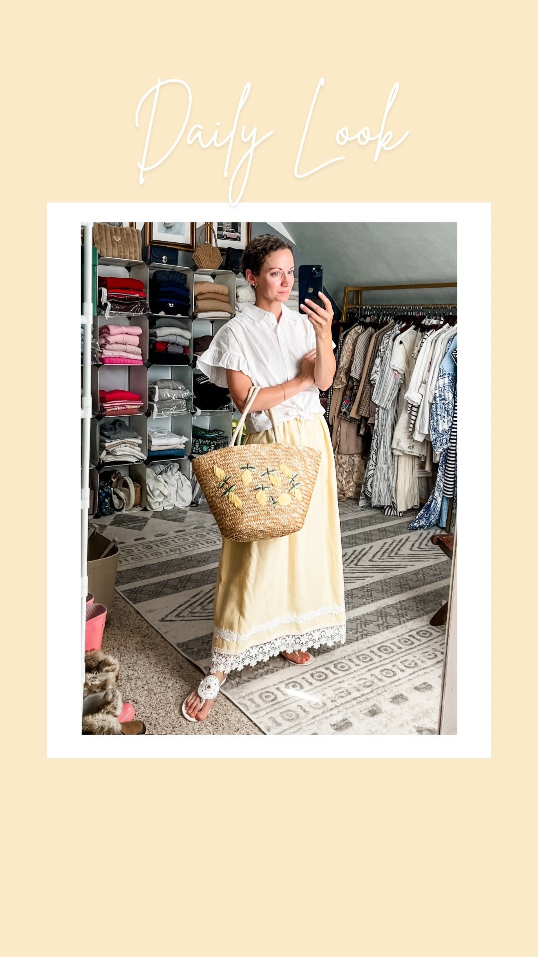 A butter yellow and white summer outfit!
White cotton top is from Nordstrom. 
Butter yellow cotton skirt is homemade, linking similar. 
Bee earrings are old from Kate Spade, linking similar. 
Bracelet is from a local boutique, linking similar. 
Straw lemon handbag is from Chicwish. 
White sandals are from Jack Rogers. 
Petite outfit. Modest outfit. Summer outfit. Butter mom. 90s mom.

#LTKdayinmylife #LTKgrwm #LTKmomlife