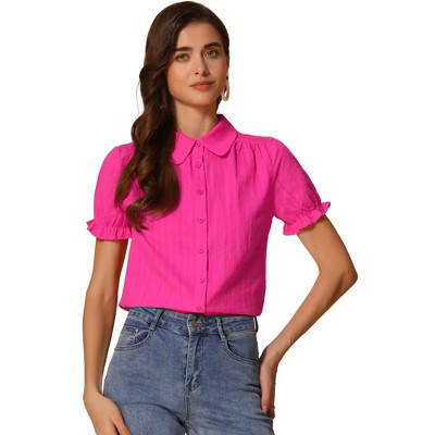 INSPIRE CHIC Women's Short Sleeve Button Down Peter Pan Collar Blouse X-Large Hot Pink | Target