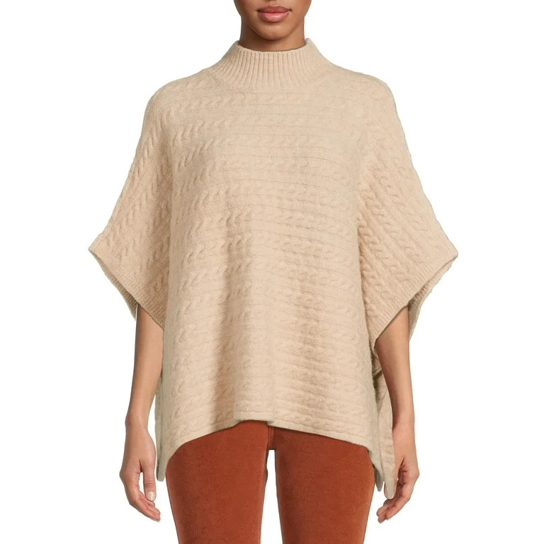 BeachLunchLounge Women's Mock Neck Cable Knit Poncho - Walmart.com | Walmart (US)