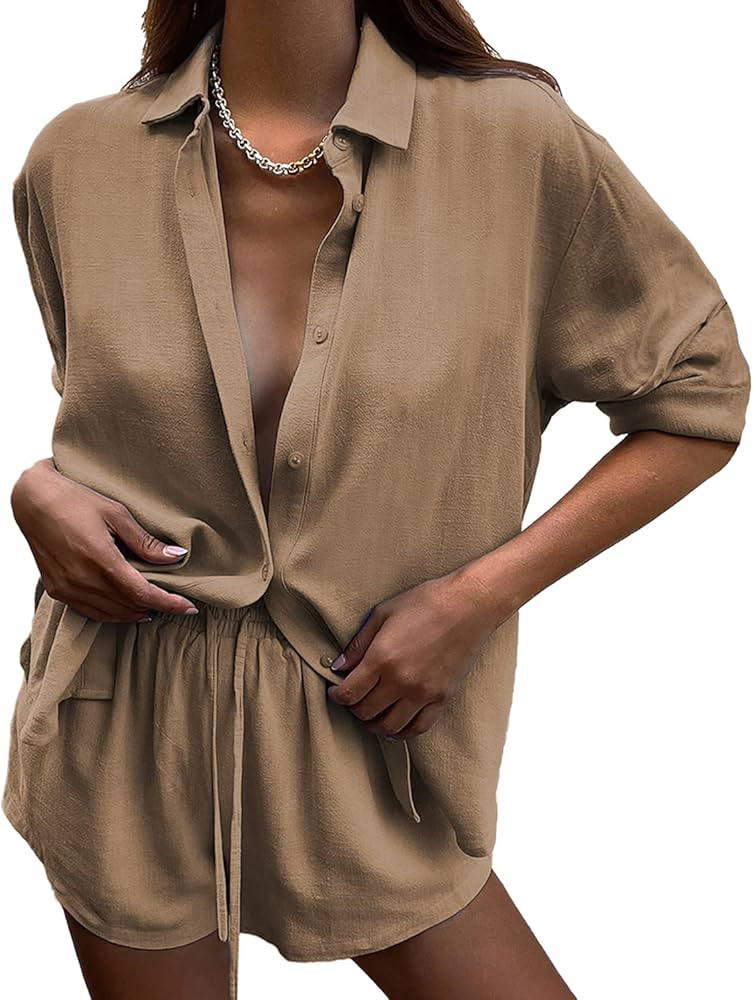 DEEP SELF 2 Piece Outfits for Women Summer Botton Down Long Sleeve Shirt with Shorts Set Casual M... | Amazon (US)