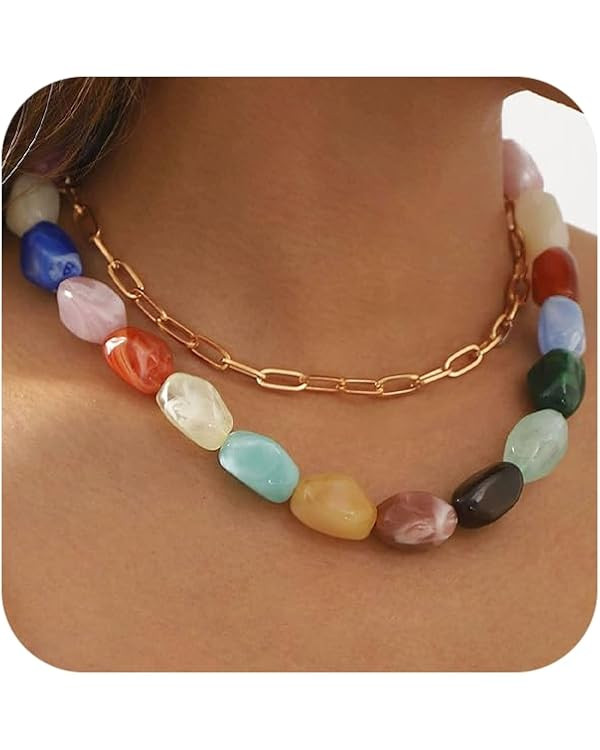 Layered Chunky Colorful Beaded Crystal Stone Choker Necklaces for Women, Dainty Acrylic Beads Thi... | Amazon (US)