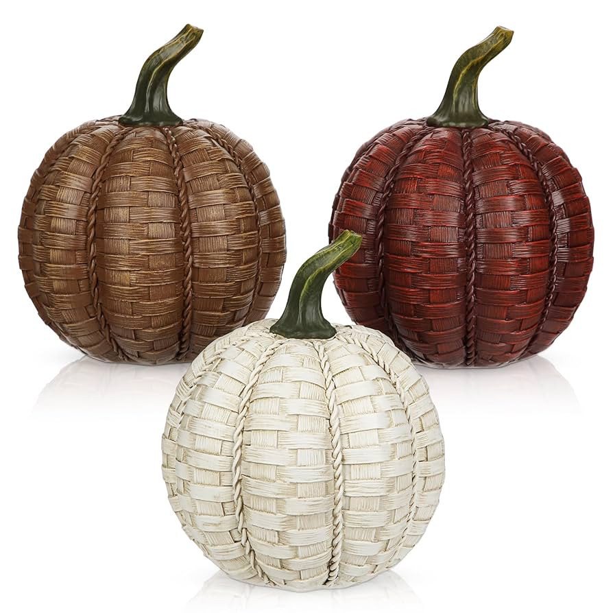 Oairse 6 Inch Large Artificial Pumpkins, 3 Pcs Fall Pumpkin Decor Beige Dark Red Brown Faux Resin... | Amazon (US)