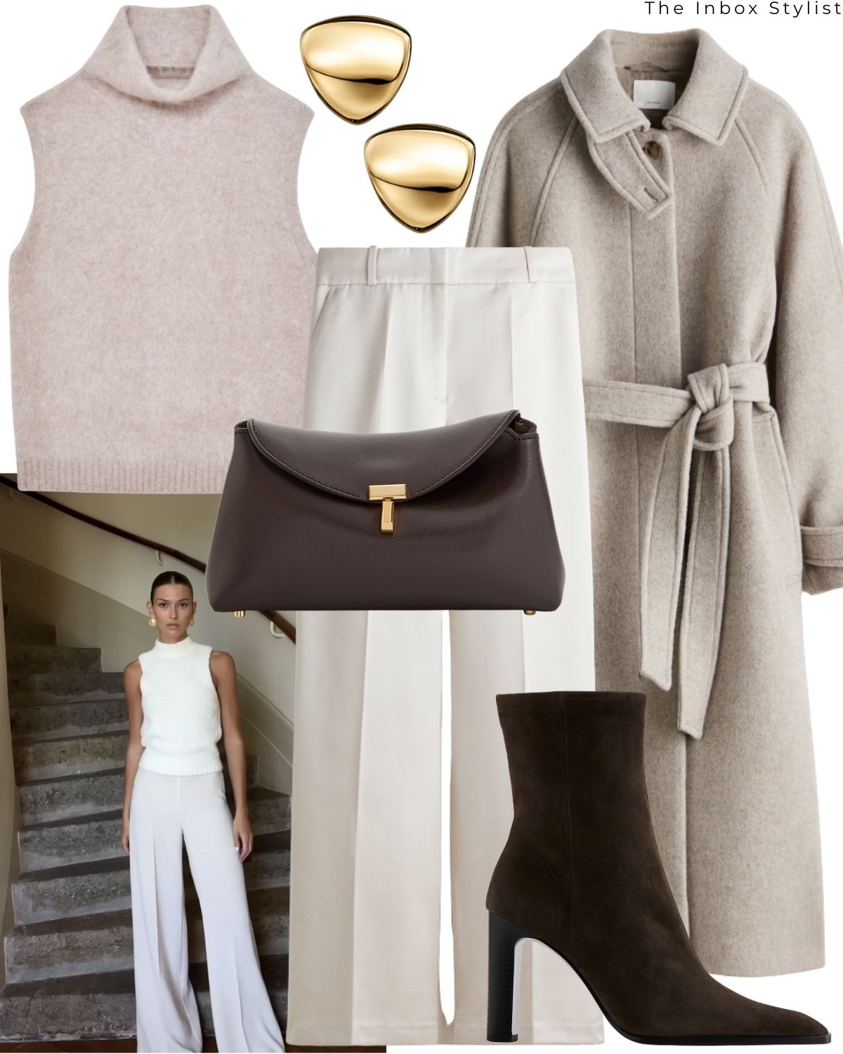 We love an outfit layering different neutral pieces!

Including funnel neck coat, sleeveless knit jumper, cream tailored trousers, gold earrings, suede heeled boots, brown clutch bag  

#LTKwinter #LTKstyletip #LTKxHarveyNichols