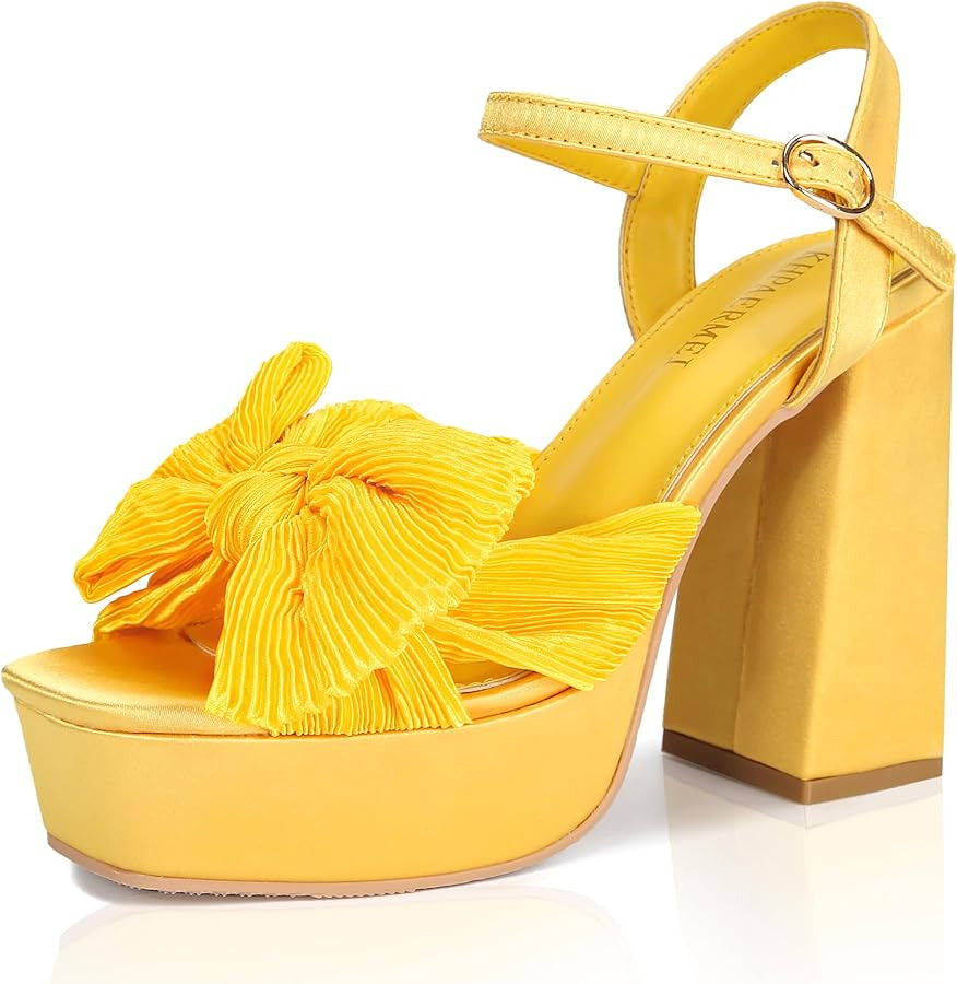 KHPAERMEI Bow Knot Platform Heels for Women Fashion Open Toe Chunky Heeled Sandals Ankle Strap We... | Amazon (US)