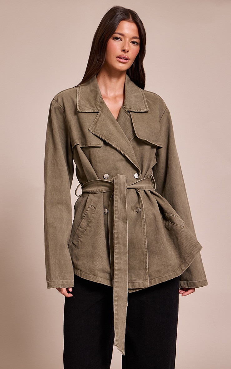 Olive Belted Cropped Denim Trench | Denim | PrettyLittleThing UK