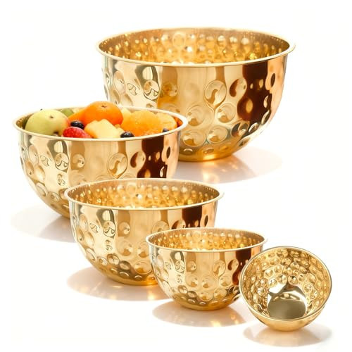YEJZXY 5-Piece Stainless Steel Mixing Bowls Set, Metal Hammered Gold Mixing Bowls for Kitchen, Cooking, Baking, Salad Prep, Food Storage, Reusable Nesting Design, 1.6-4.9 QT Capacity, Dishwasher Safe | Amazon (US)