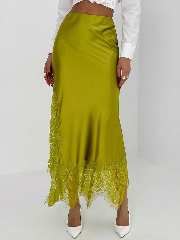 Aloruh Women's Solid Color Contrast Lace Elegant Fashionable Skirt Summer Summer Summer For Women Summer Holiday Vacation Vacation Women Holiday For Women Summer Holiday Vacation Vacation For Women Summer Vacation Beach Vacation For Women Avocado-Colored Satin Midi Skirt With Lace Trim And Side Slit – A Sexy Yet Sophisticated Workwear Look. Valentine's Day Valentine For Women Valentine | SHEIN
