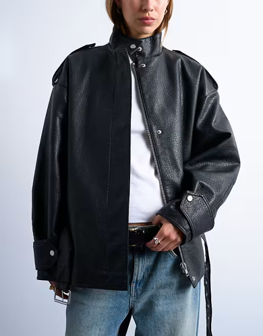 Topshop faux bubble leather short belted bomber jacket in black | ASOS | ASOS (Global)