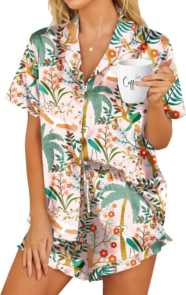 HOTOUCH Womens Satin Pajamas Set Button Down 2 Piece Silk Pjs Shorts Set Ruffle Lingerie Notch Co... | Amazon (US)