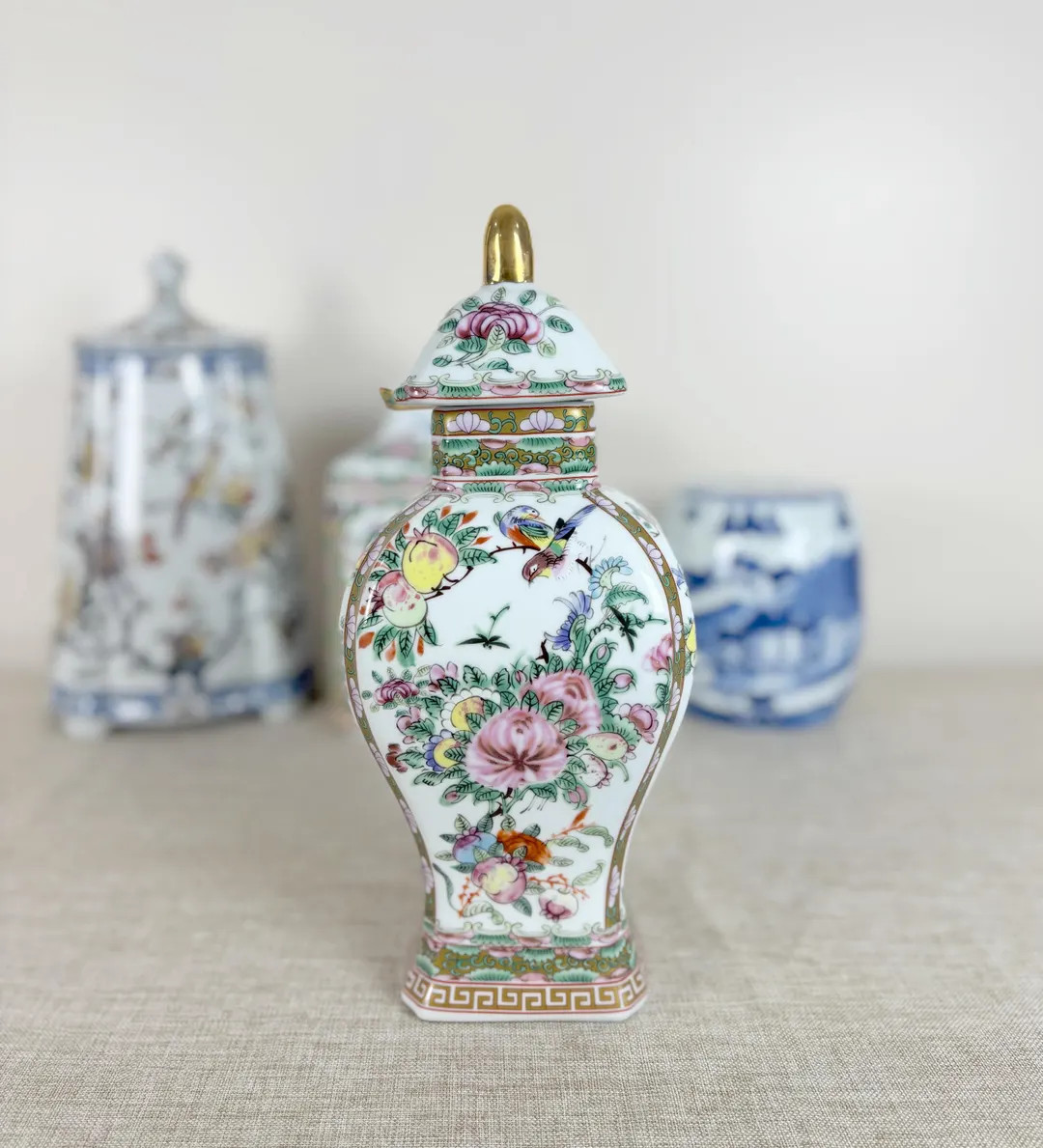 Vintage Style Rose Medallion Porcelain Vase With Lid Floral and Bird Decorative Accent - Etsy | Etsy (US)