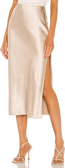 Womens Satin Silk High Waist Slit Midi Skirt Elastic Waistband Midi Skirts for Women | Amazon (US)