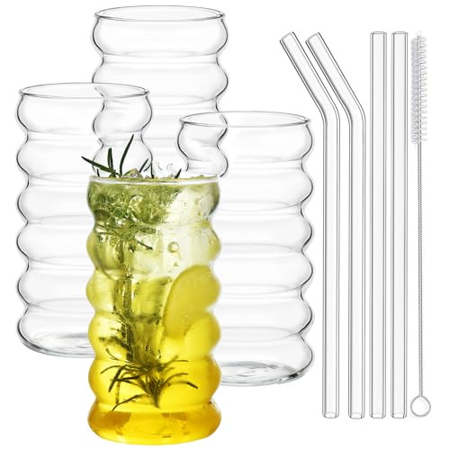 ALINK Ribbed Drinking Glass Cups with Straws Set of 4, 16 oz Aesthetic Iced Coffee Glasses, Wave Bubble Tumbler, Ripple Glassware, Beer Glasses for Coctail, Milk, Soda, Gift with Brush | Amazon (US)