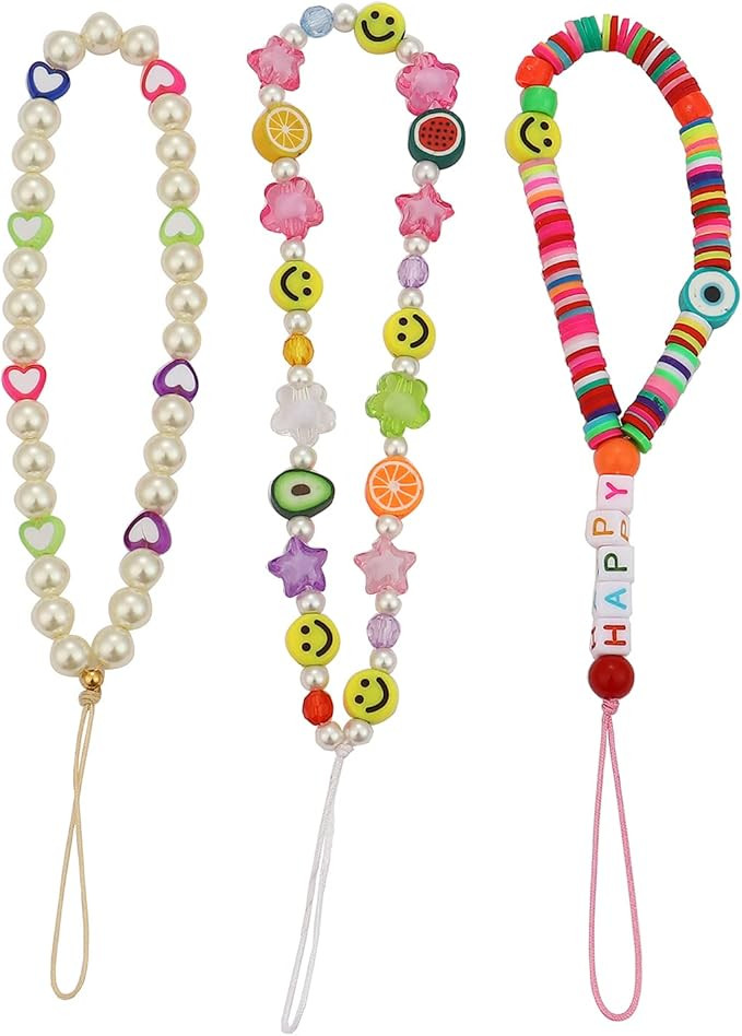 Beaded Phone Lanyard Wrist Strap Bohemian Colorful Bead Phone Charm Smiley Face Fruit Star Initia... | Amazon (US)