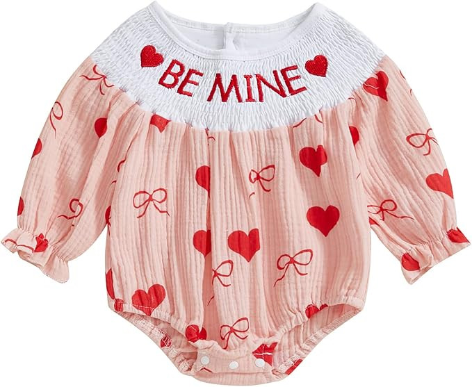 SAYOO Baby Girl Valentine's Day Romper Cotton Linen Heart Print Bubble Smocked Bodysuit Jumpsuit ... | Amazon (US)