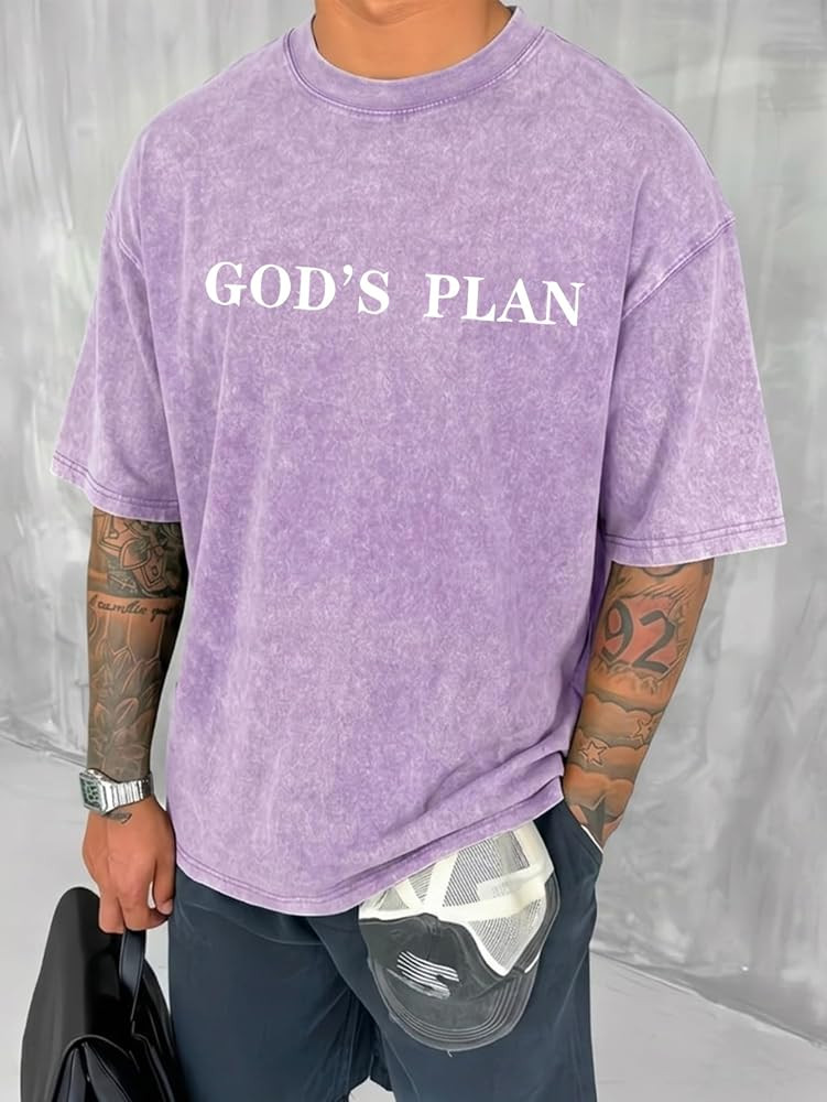 Men's God's Plan Graphic Tee Vintage Acid Wash Oversized T-Shirt | Amazon (US)