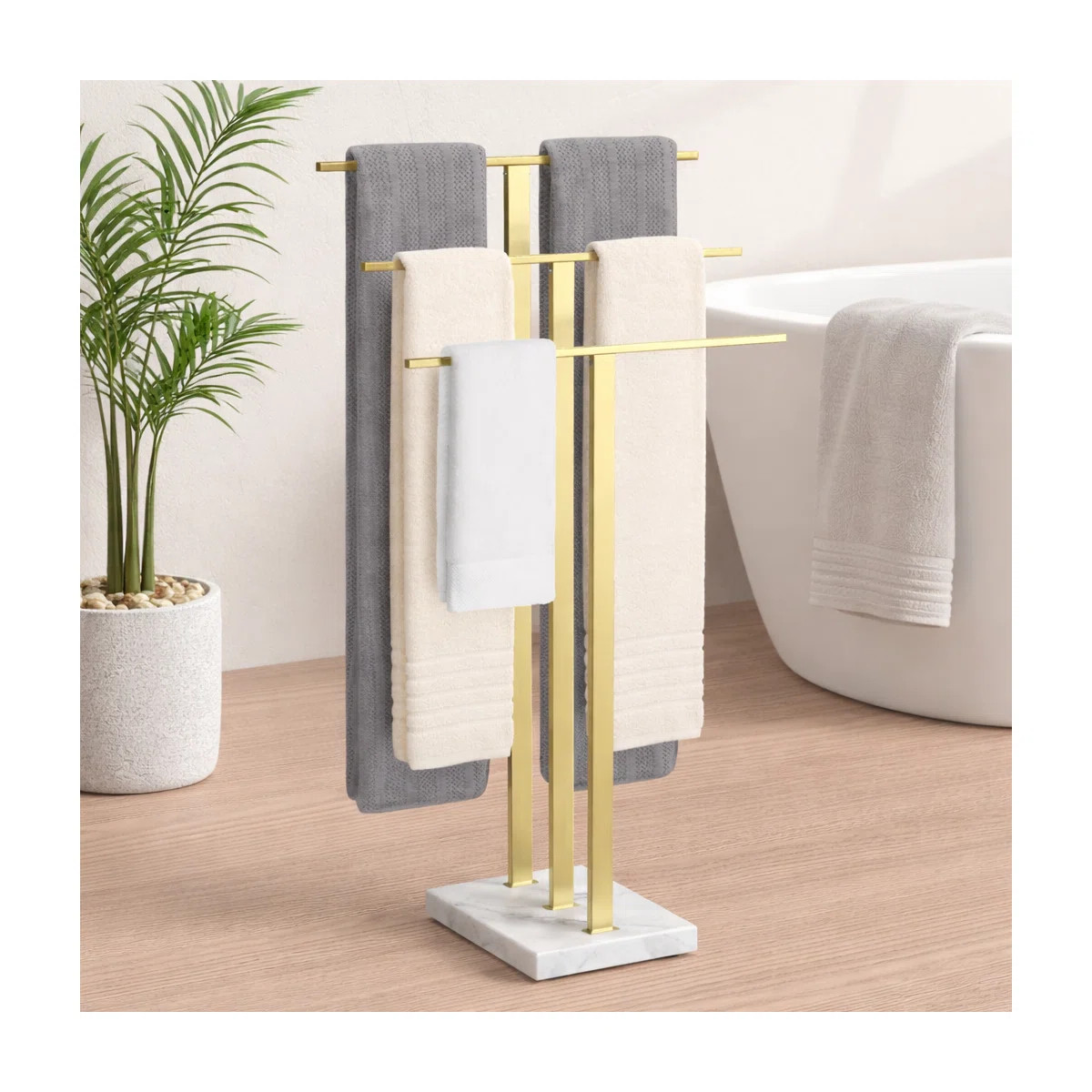KES 3-Tier Free Standing Towel Rack with Marble Base, Gold Towel Stand for Bathroom Floor, Towel ... | Wayfair North America