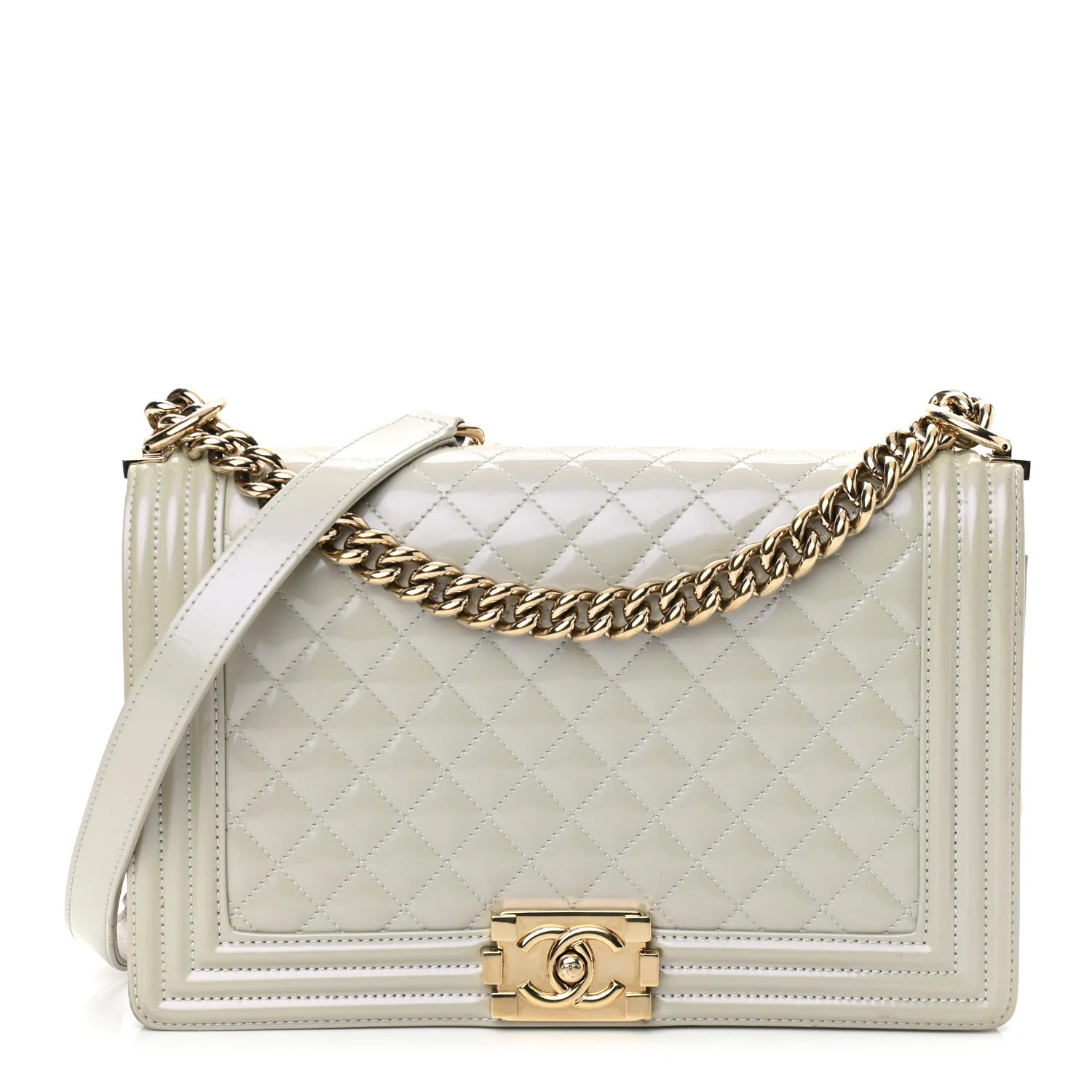 CHANEL Iridescent Patent Calfskin Quilted New Medium Boy Flap Light Grey | FASHIONPHILE (US)