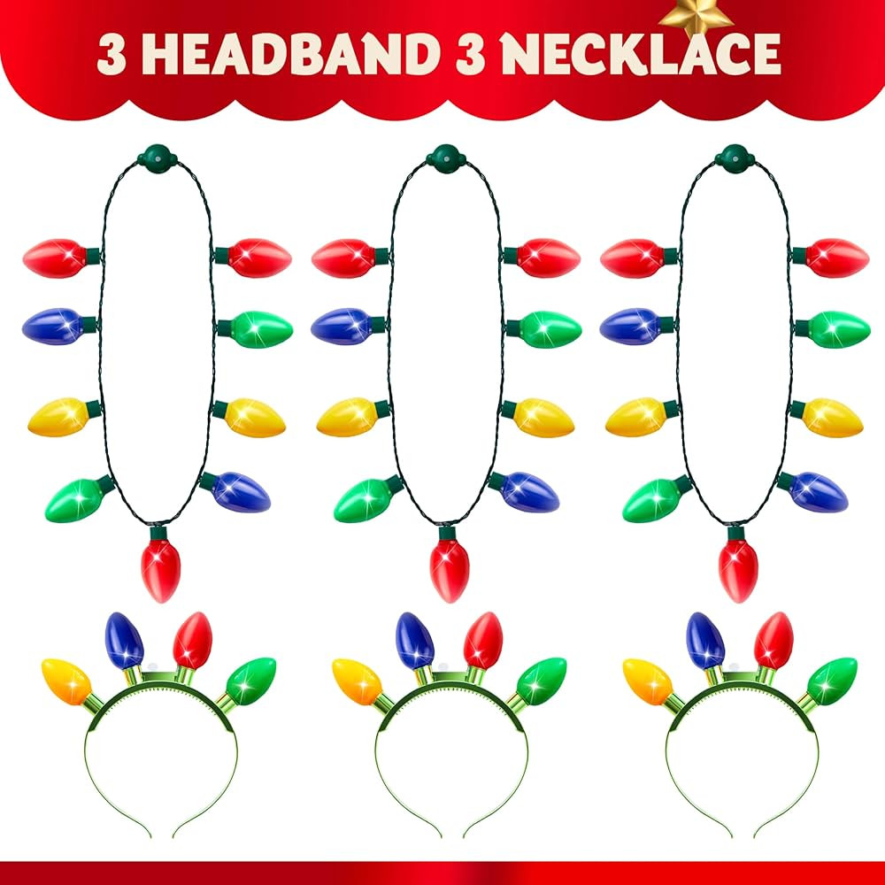 JOYIN 2PCS Christmas Light Up Headband and Necklace with 6 Flashing Modes, LED Christmas Lights Bulb Necklace Headband for Kids Women Men Xmas Party Supplies Accessories | Amazon (US)