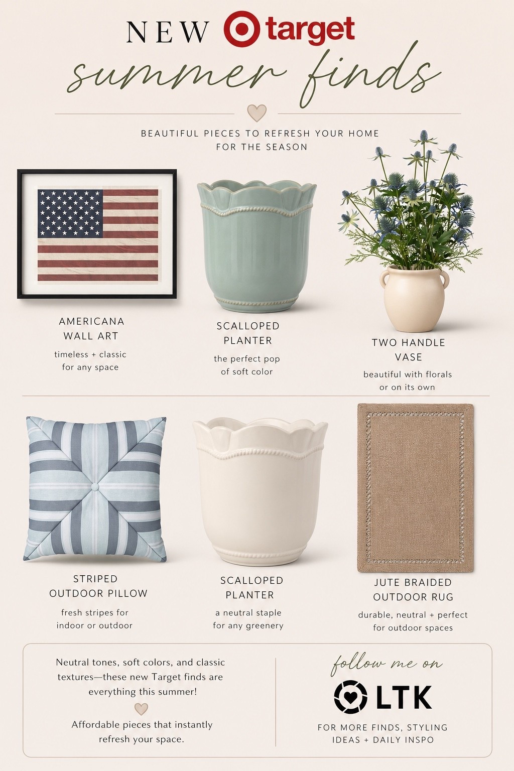 Target is SO good right now for summer home finds 🤍✨

From the soft blue accents to the neutral textures and Americana touches… these pieces instantly make your home feel light, cozy, and ready for summer 🇺🇸🌿

I’m especially obsessed with the scalloped planters and striped pillow 😍

Follow me on LTK for more home finds + styling inspo 🤎

#LTKHome #TargetFinds #TargetHome #SummerDecor #NeutralHomeDecor #CoastalStyle #AmericanaDecor #HomeStyling #OutdoorDecor #TargetStyle #HomeInspo #LTKFinds #SummerHome #DecorFinds #PatioDecor

#LTKSeasonal #LTKU #LTKHome