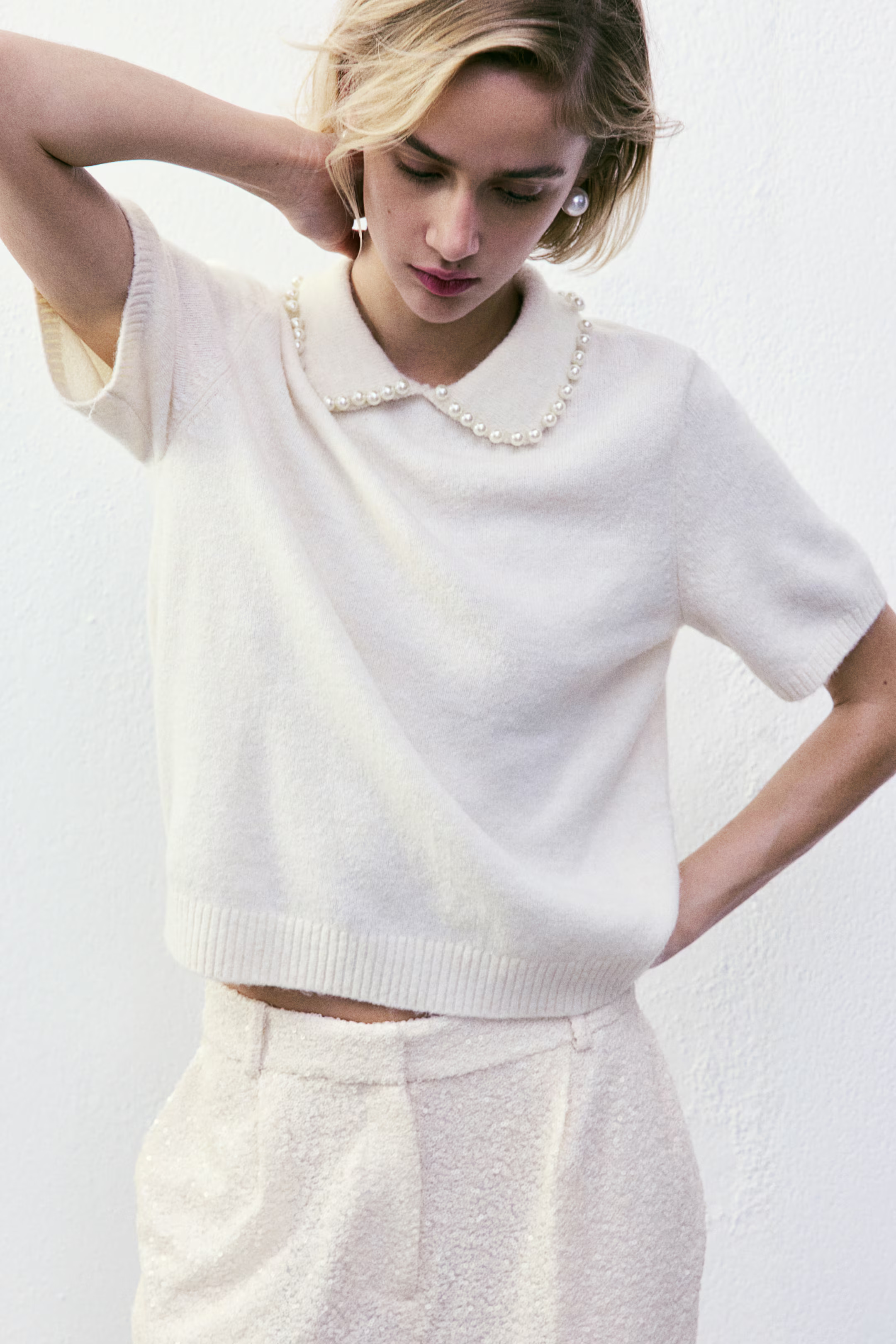 Beaded-Collar Knit Top - Cream - Ladies | H&M US | H&M (US + CA)