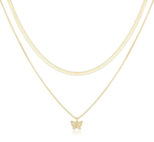 Jewlpire Gold Layered Necklaces for Women, 14K Plated Gold Choker Necklace for Women Trendy Dainty Gold Herringbone Necklace Butterfly Pendant Necklace for Women | Amazon (US)