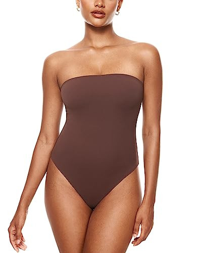 INLYRIC Women's Natrelax Sexy Strapless Bodysuit Thong Tube Top Off The Shoulder One Piece Leotard Taupe X-Large | Amazon (US)