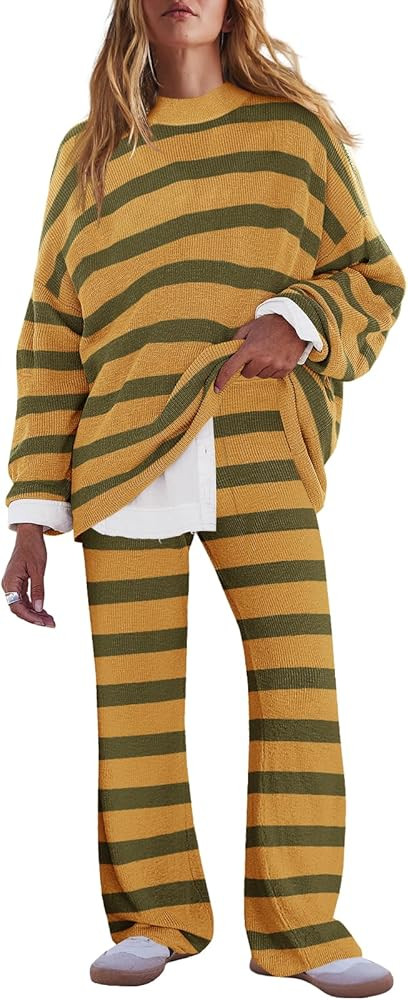 LAMISSCHE Oversized Womens Lounge Set Striped Sweater Set Long Sleeve 2 Piece Pajama Set Top and ... | Amazon (US)