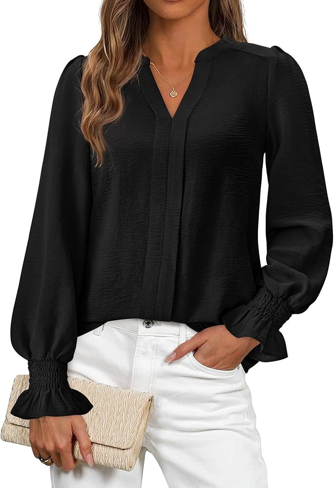Okiwam Womens Long Sleeve Tops V Neck Shirts Dressy Casual Blouses Business Work Clothes 2025 Fal... | Amazon (US)