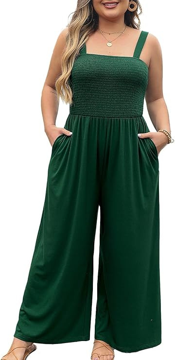 Eytino Plus Size Jumpsuit for Women Spaghetti Strap Sleeveless Overalls Stretchy Wide Leg Pants L... | Amazon (US)
