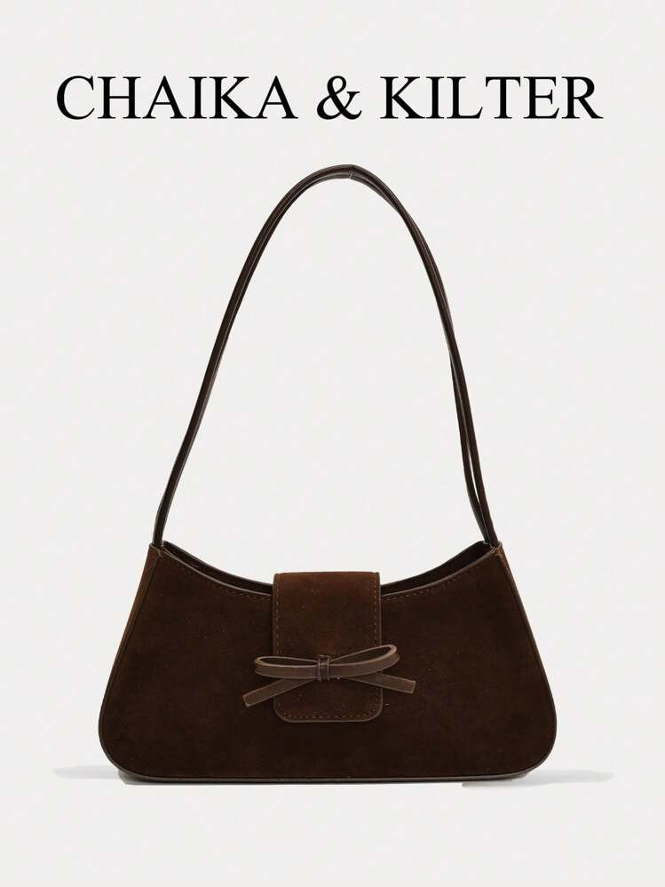 1pc Solid Color Suede Fabric Shoulder Bag For Women, Retro Fashion Crossbody Saddle Bag With Bowk... | SHEIN