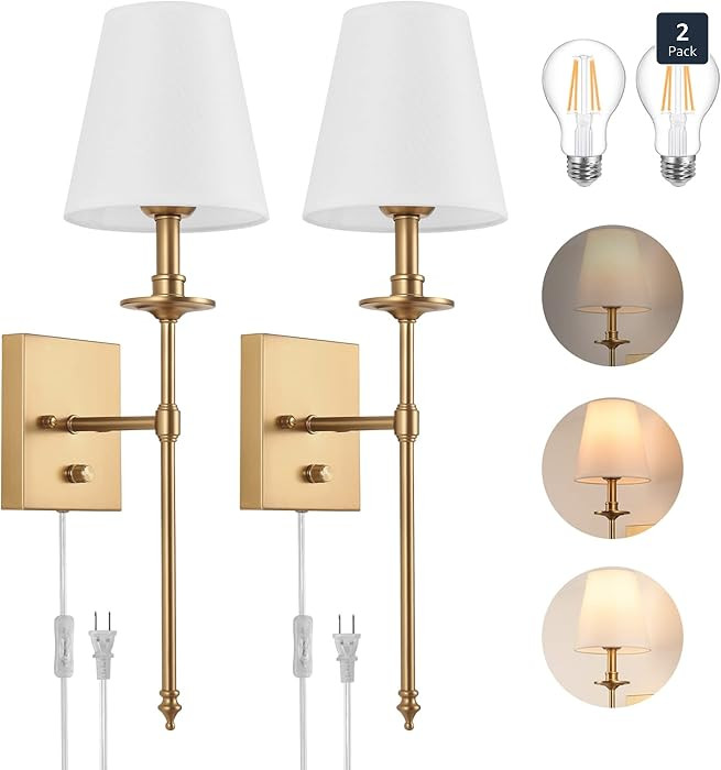 Dimmable Wall Sconces Set of Two, Plug in Wall Sconces White Fabric Shade, Wall Lamp for Bedroom,... | Amazon (US)