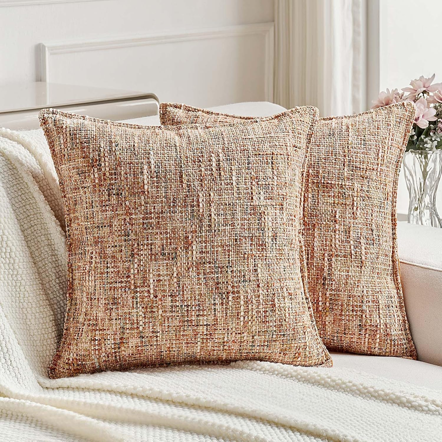 Pack of 2 Tweed Chenille Throw Pillow Covers 18x18 Inch, Rust | Amazon (US)