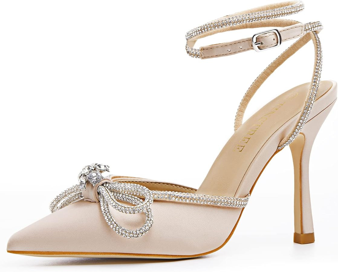 TINSTREE Women's Rhinestone Ankle Strap Heeled Sandals Pointy Toe Stilettos High Heels Pumps Lace... | Amazon (US)