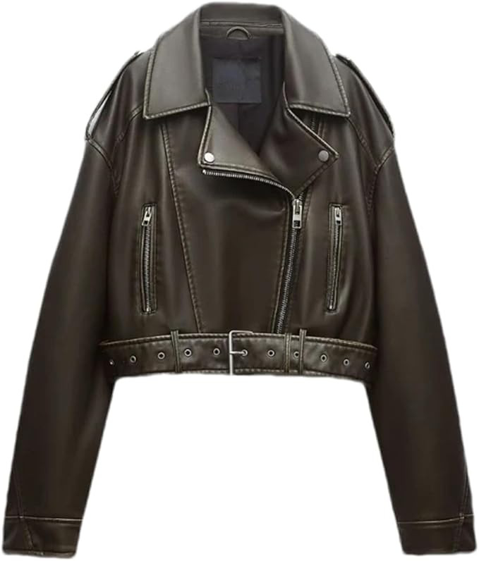 BoShiNuo Women's Autumn Loose Pu Faux Leather Short Jacket With Belt Streetwear Female Zipper Ret... | Amazon (US)