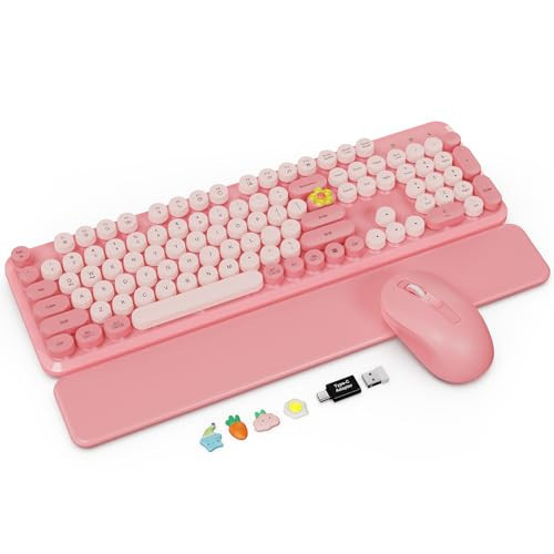 Wireless Keyboard and Mouse Combo with Detachable Magnetic Wrist Rest, Retro Typewriter-Style Keyboard, Round Keycaps, Adjustable Legs, 3-Level DPI Mouse, 2.4GHz for Windows PC/Laptop (Blush Pink) | Amazon (US)