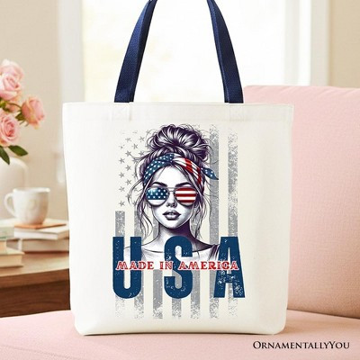 Made in America Messy Bun Tote Bag, Retro 4th of July White Patriotic Gift Shopper White Navy Handle 16 inches | Target