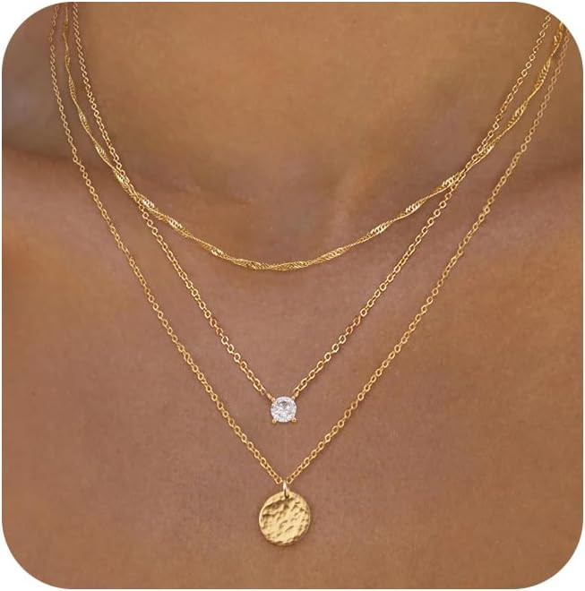 Layered Necklaces for Women Trendy - Dainty Gold Necklace Stack 14K Gold Plated Pearl Bar Disc Pe... | Amazon (US)