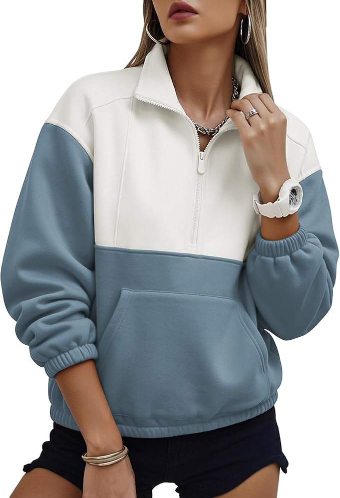AOVDE Women Half Zip Pullover Sweatshirt Loose Color Block Top | Soft 50% Cotton Blend Half Zip C... | Amazon (US)