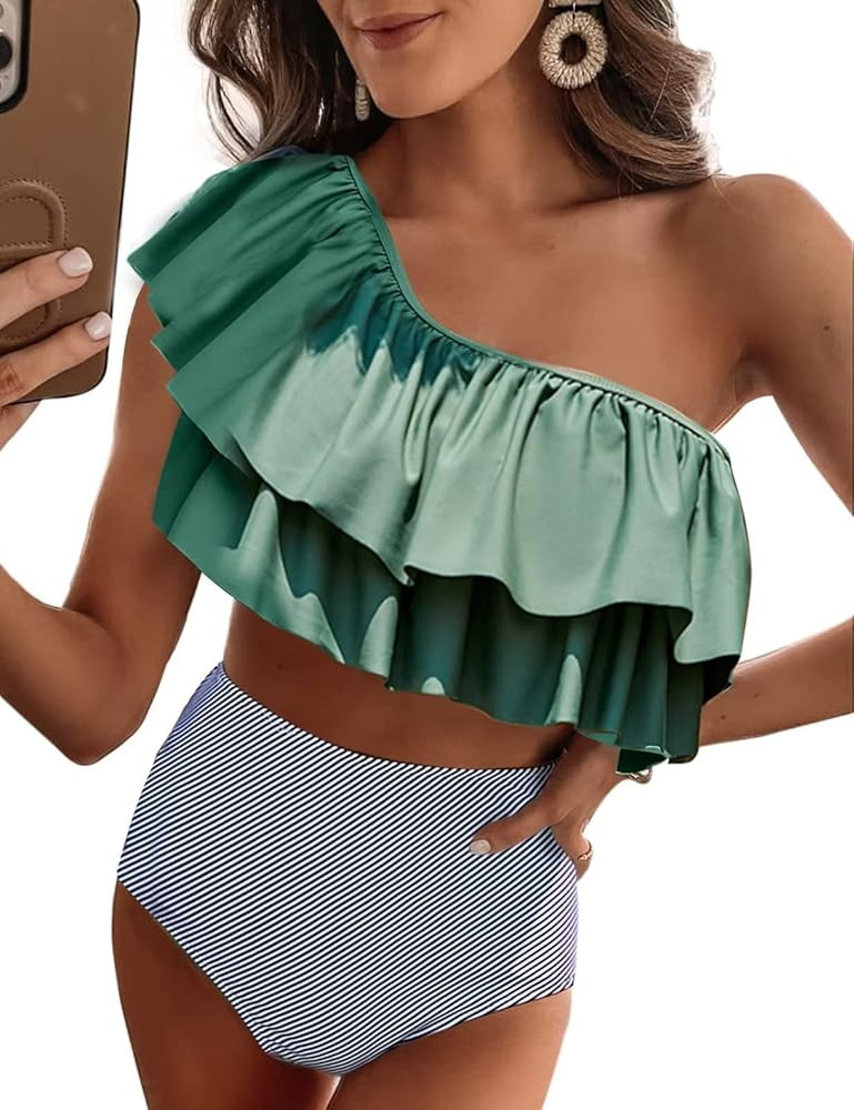 VIMPUNEC Ruffle One Shoulder Swimsuits for Women Cute High Waisted Two Piece Bathing Suits | Amazon (US)