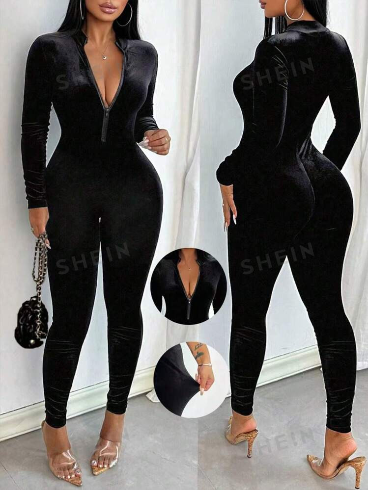 SHEIN VaVaLuxe Half-Collar Zipper Long Sleeve Sporty Casual Stretchy Velvet Jumpsuit, Elastic Ski... | SHEIN