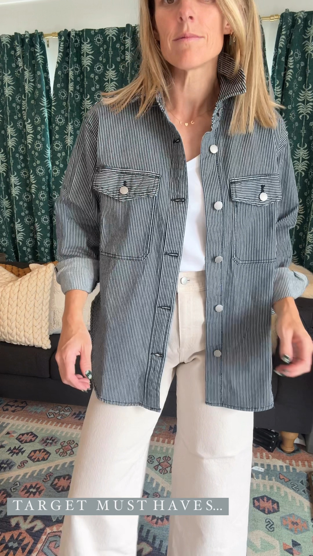 I’m totally in love with this navy railroad stripe shirt jacket.  Stretchy and so comfy.

#targetfinds #summeroutfit #summerjacket #shirtjacket #shacket

#LTKSeasonal #LTKFindsUnder50 #LTKVideo