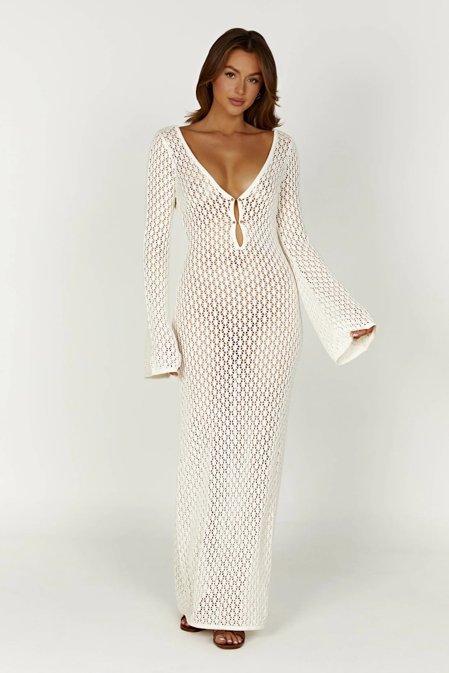 Kayleigh Crochet Fishtail Flare Sleeve Maxi Dress - White | Meshki (APAC)
