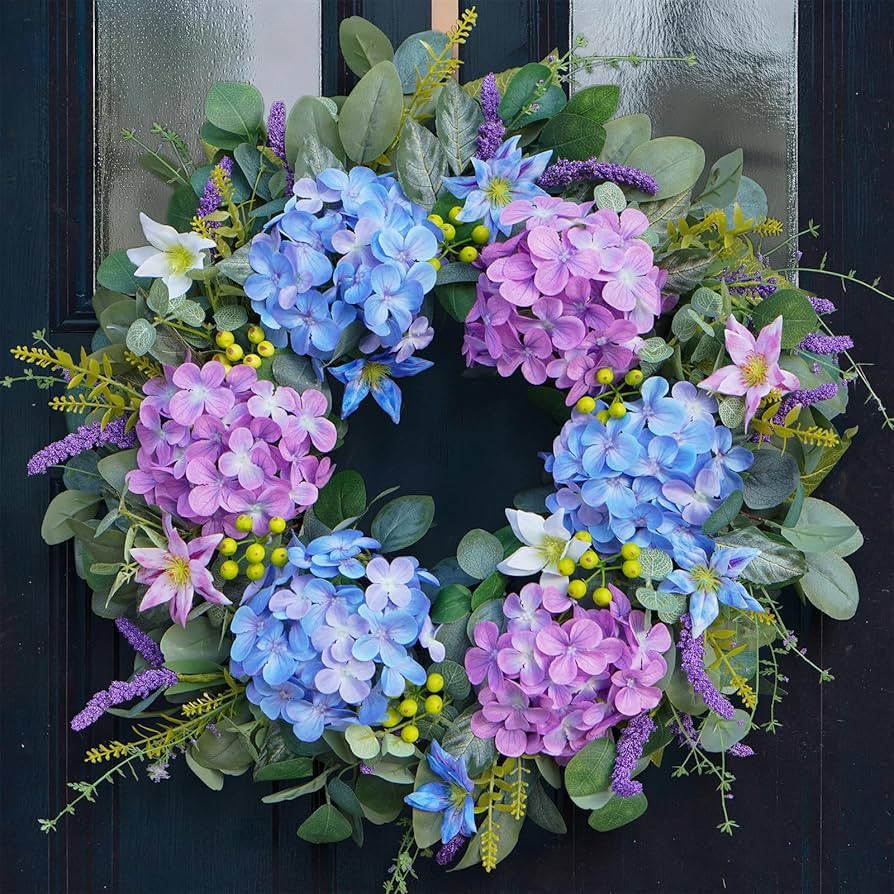 24 Inch Spring Wreath for Front Door - Blue & Purple Hydrangea Spring Door Wreath, Monet-Inspired... | Amazon (US)