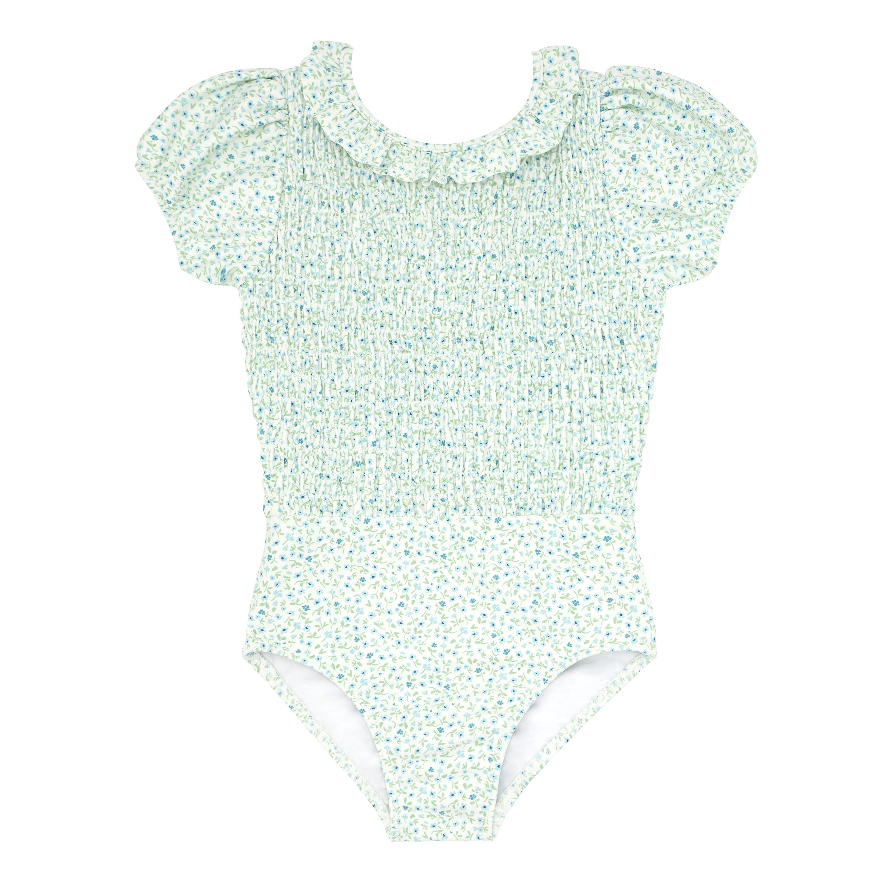 Minnow Hibiscus Ditsy Floral Puff Sleeve Smocked One Piece Swimsuit | JoJo Mommy