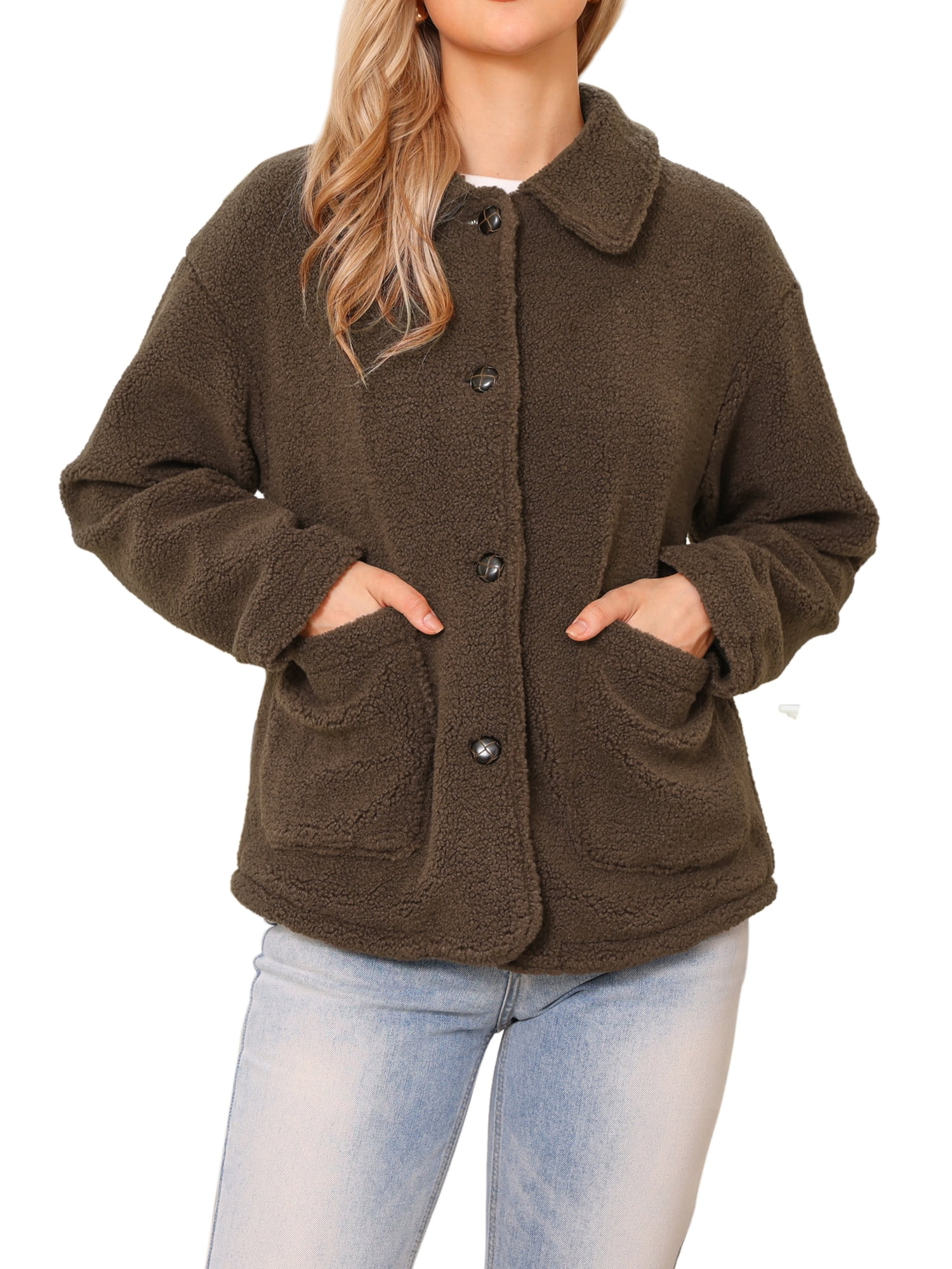 INSPIRE CHIC Faux Fur Jacket for Women's Peter Pan Collar Button Down Winter Warm Fuzzy Coat XS B... | Walmart (US)