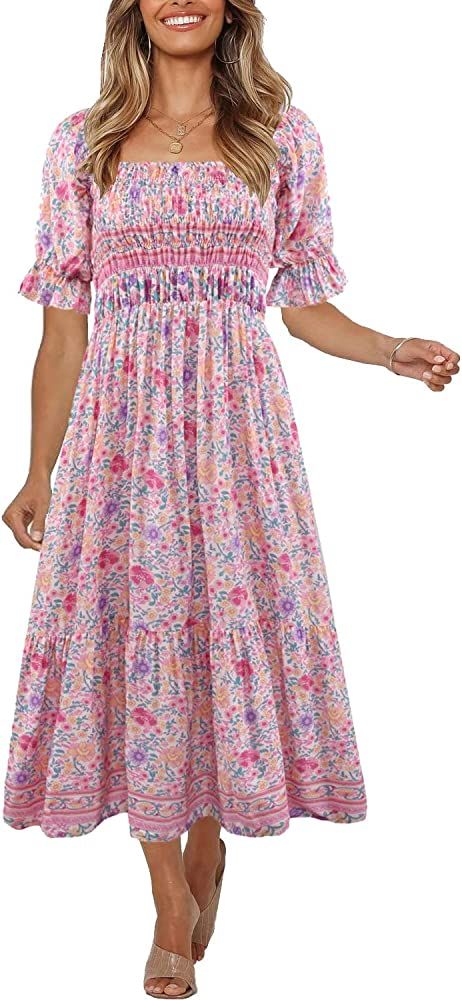 Women's Summer Bohemian Square Neck Floral Print Ruffle Vintage Flowy Beach Vacation Long Midi Bo... | Amazon (US)