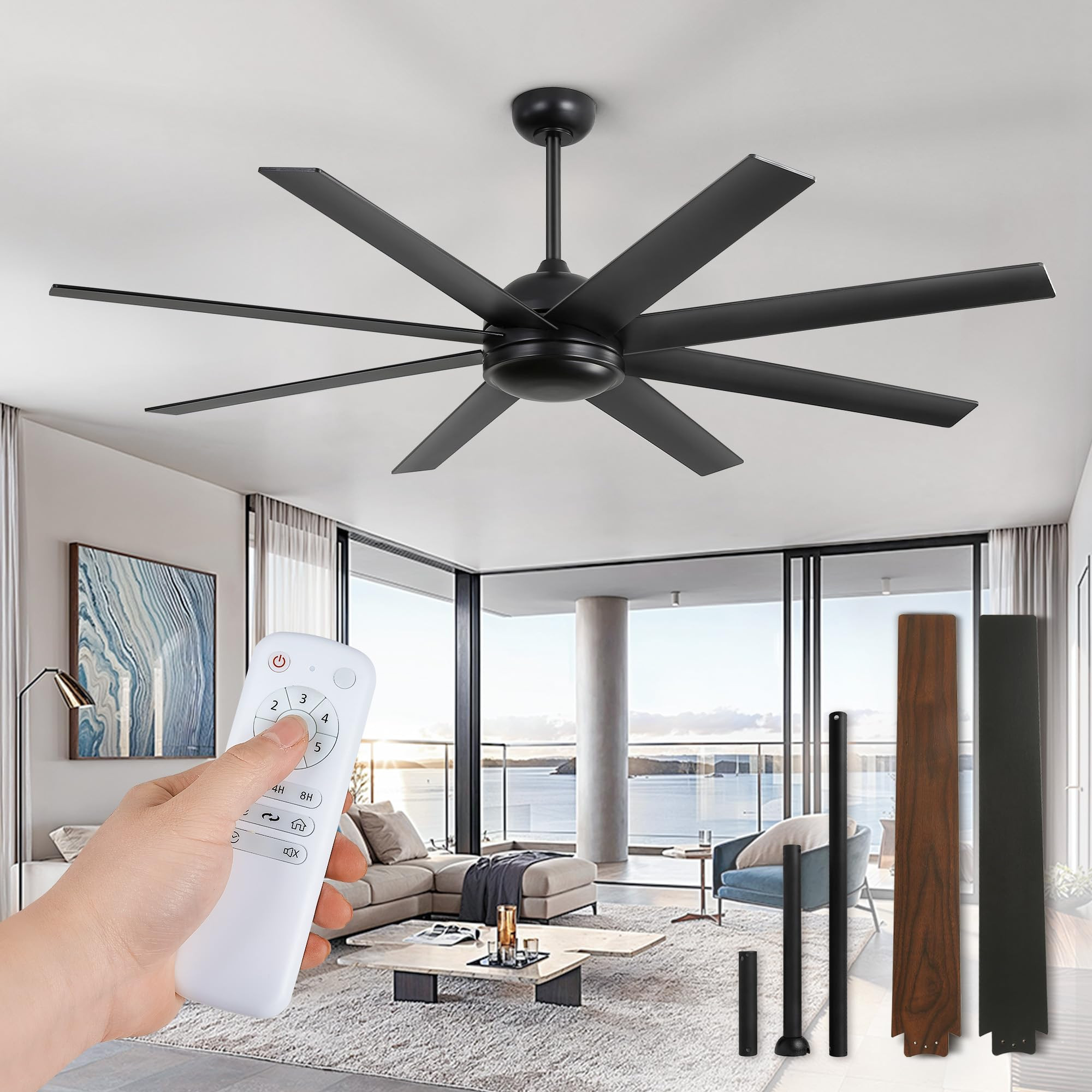 65 Inch Ceiling Fans No Light with Remote, Black Indoor/Outdoor Ceiling Fan Without Light with Qu... | Amazon (US)