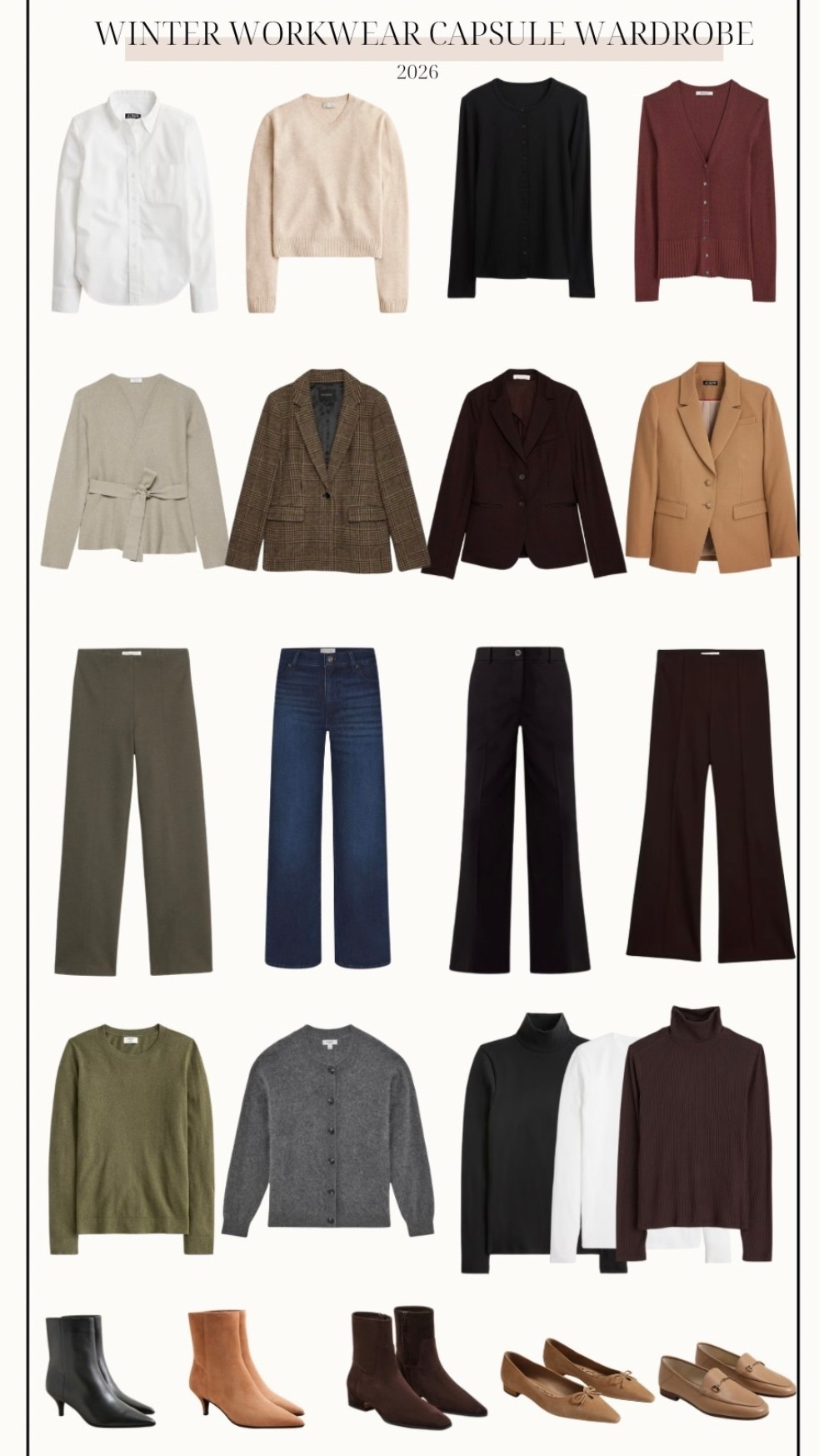 A petite-friendly winter workwear capsule wardrobe! 

7 tops 
Tan V-neck cardigan (Quince): xs in oatmeal 
Green sweater (J.Crew Factory): xxs
Black cardigan (Gap): xxs (recommend a size up) 
Mauve cardigan (Madewell): xxs 
Gray cardigan (Quince): xs 
Taupe cardigan (Quince): xxs in nomad taupe 
White button down (J.Crew Factory): petite xxs 

3 base layers 
Brown top (Amazon): xs 
Black turtleneck (J.Crew Factory): xxs 
White top (Quince): xs 

3 blazers 
Plaid blazer (BR Factory): petite 00 (mostly sold out in petite) 
Tan blazer (J.Crew): petite 00 
Brown blazer (Banana Republic): petite xxs (recommend a size up) 

4 bottoms 
Olive pants (Banana Republic): petite xs (10” rise, 26.5” inseam) 
Brown pants (Banana Republic): xs (10” rise, 26.5” inseam) 
Black pants (Ann Taylor): petite 00 
Jeans (Quince): 24 x 28” in stormy blue 

My measurements for reference: I’m 4’10” and 105lbs. My bust, waist, and hip measurement is 32”, 24”, and 36”.

#LTKWorkwear #LTKPetite
